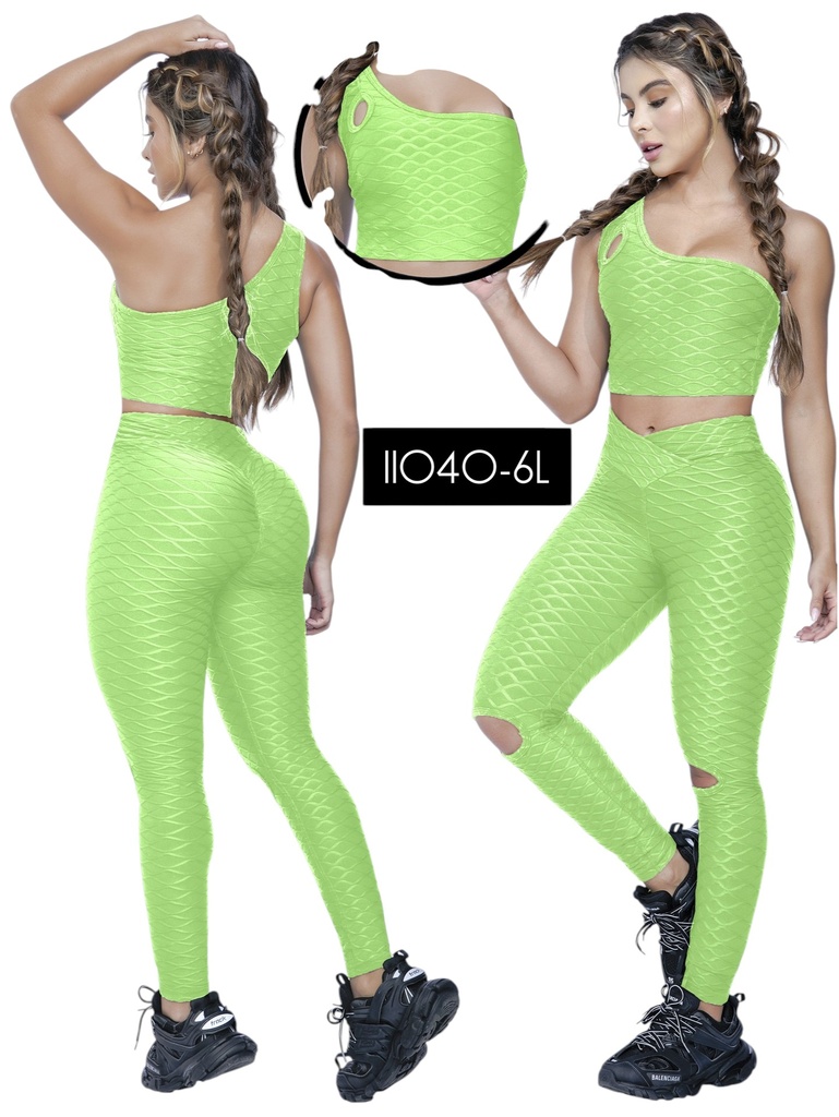 [10711040L6LM] Women's Neon Green Thaxx Activewear Set – Crop Top and High-Waisted Leggings (M)