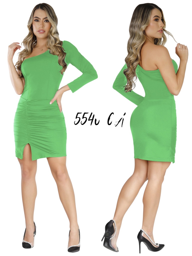 [10755466AS] Women's Green One-Shoulder Long-Sleeve Ruched Bodycon Mini Dress (S)