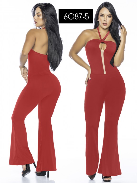 [1076087E5S] Women's Red Halter Flare Jumpsuit with Keyhole Front – Thaxx 6087 (S)