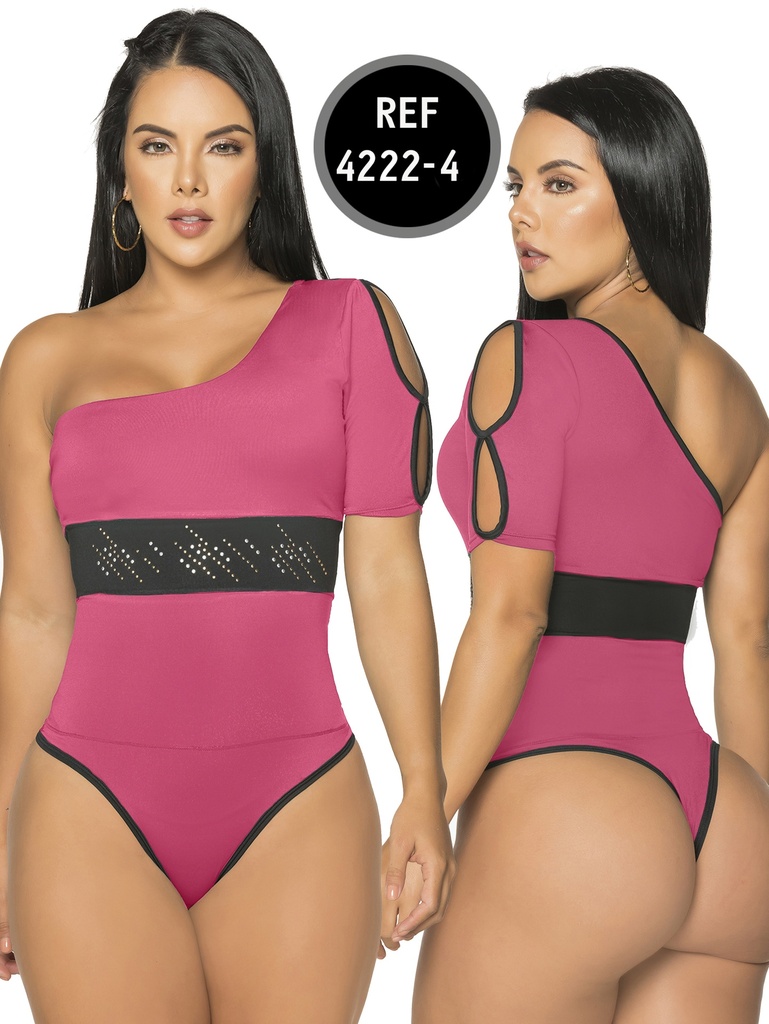 [11442224XL] Women's Pink One Shoulder Cutout Sleeve Bodysuit 4222-4