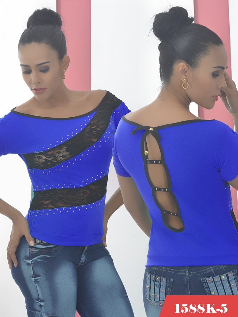 [23315885L] Blusa Franja de Encaje Azul para Mujer 1588K-3