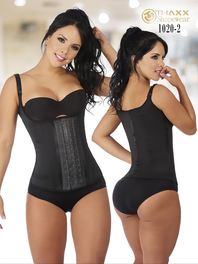 [1371020S2] Women's Black Latex-Coated Vest Waist Cincher with 3-Hook Closure – Thaxx Style 1020 (S)