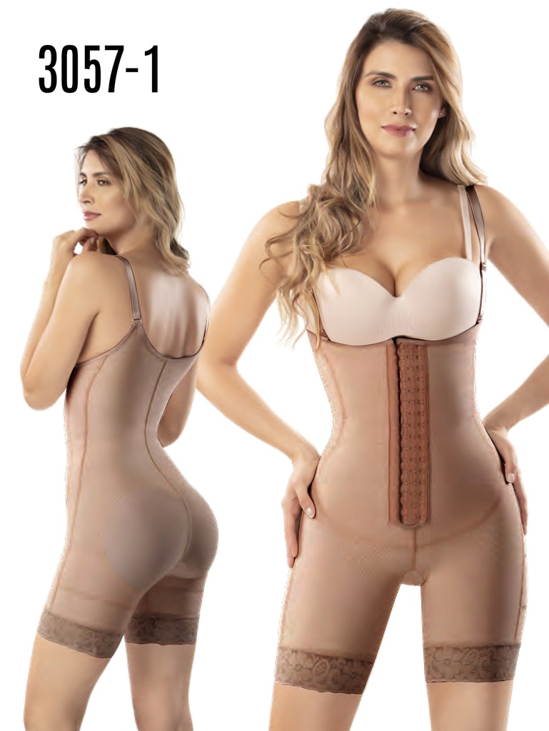 [1373057XS1] Women's Tan Powernet Knee-Length Post-Surgical Faja with Straps – Style 3057 (XS)