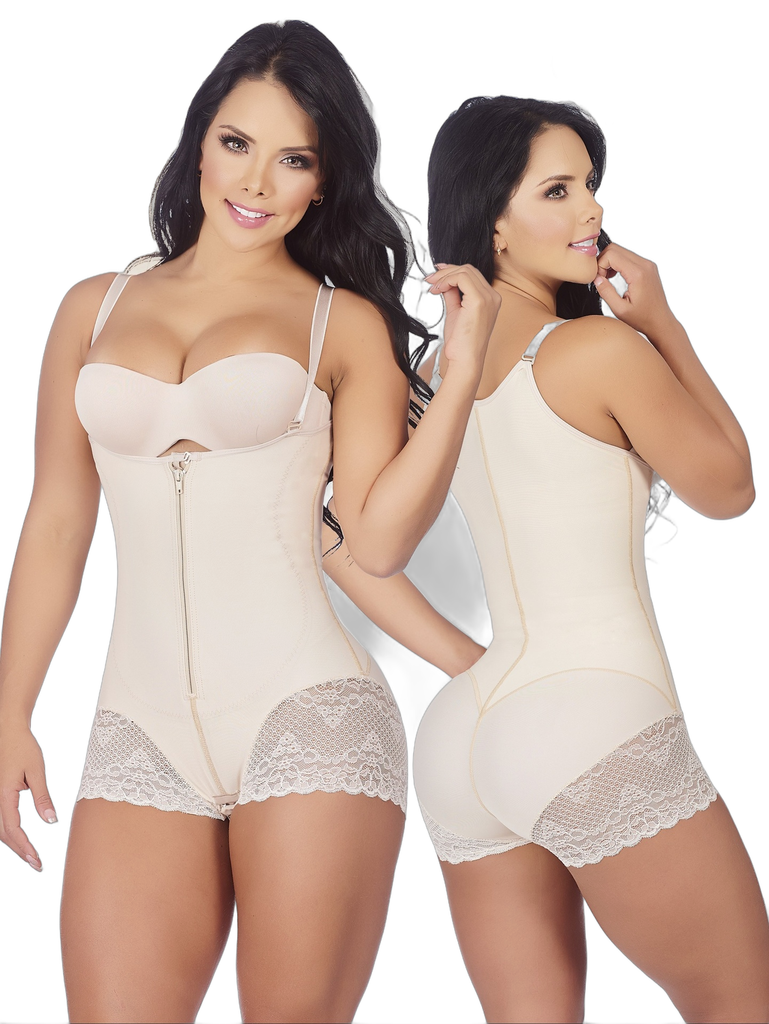Women's Cream Butt-Lifting Shaping Bodysuit with Lace Trim and Abdominal Thermal Zone