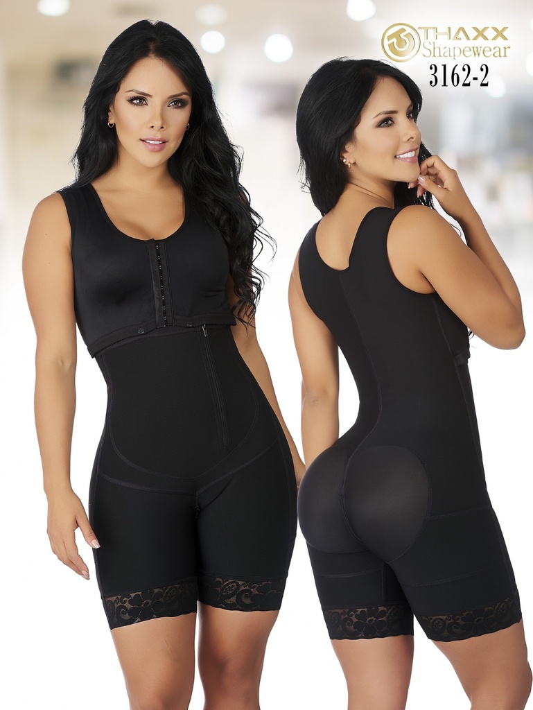 [1373162S2] Women's Black Colombian Post-Surgical Faja with Front Closure and Lace-Trim Legs (S)