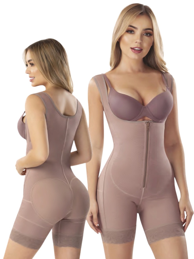 [1373193XS1] Women's Tan Colombian Post-Surgical Faja Knee-Length Vest with Zipper – Thaxx Style 3193 (XS)