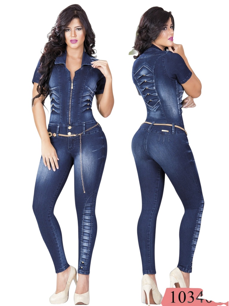 [00010110340T01] Enterizo Manga Corta Levantacola Mezclilla Oscura para Mujer 10340T
