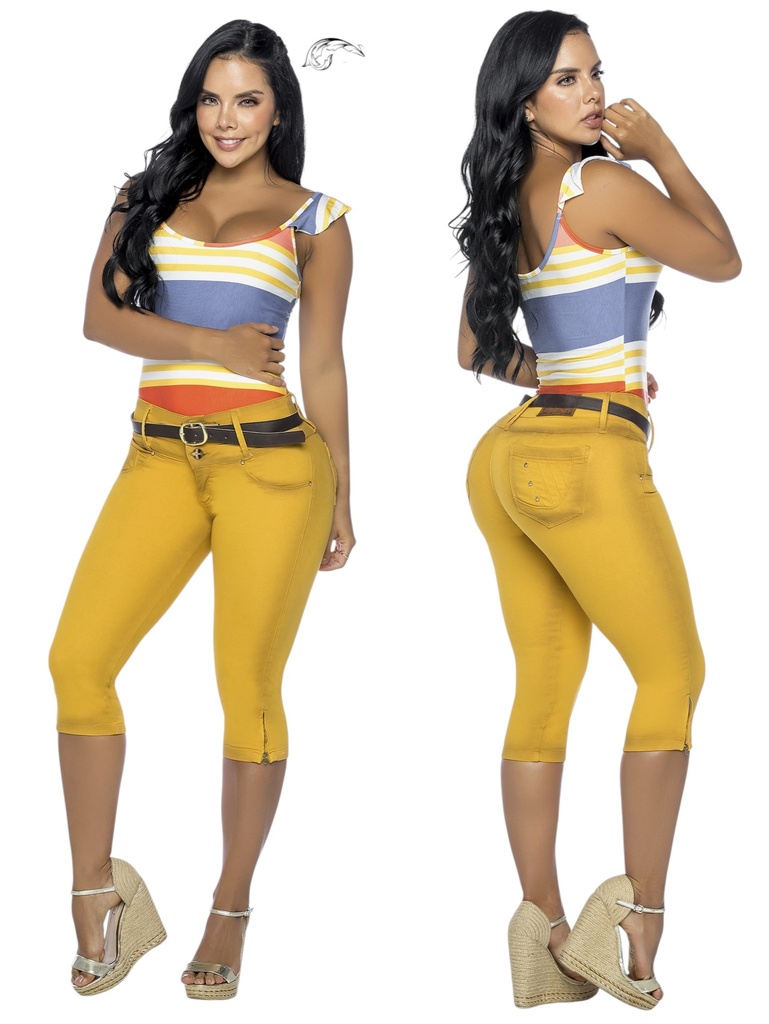 [25330273TE01] Women's Mustard Yellow Butt-Lifting Capri Pants (1)