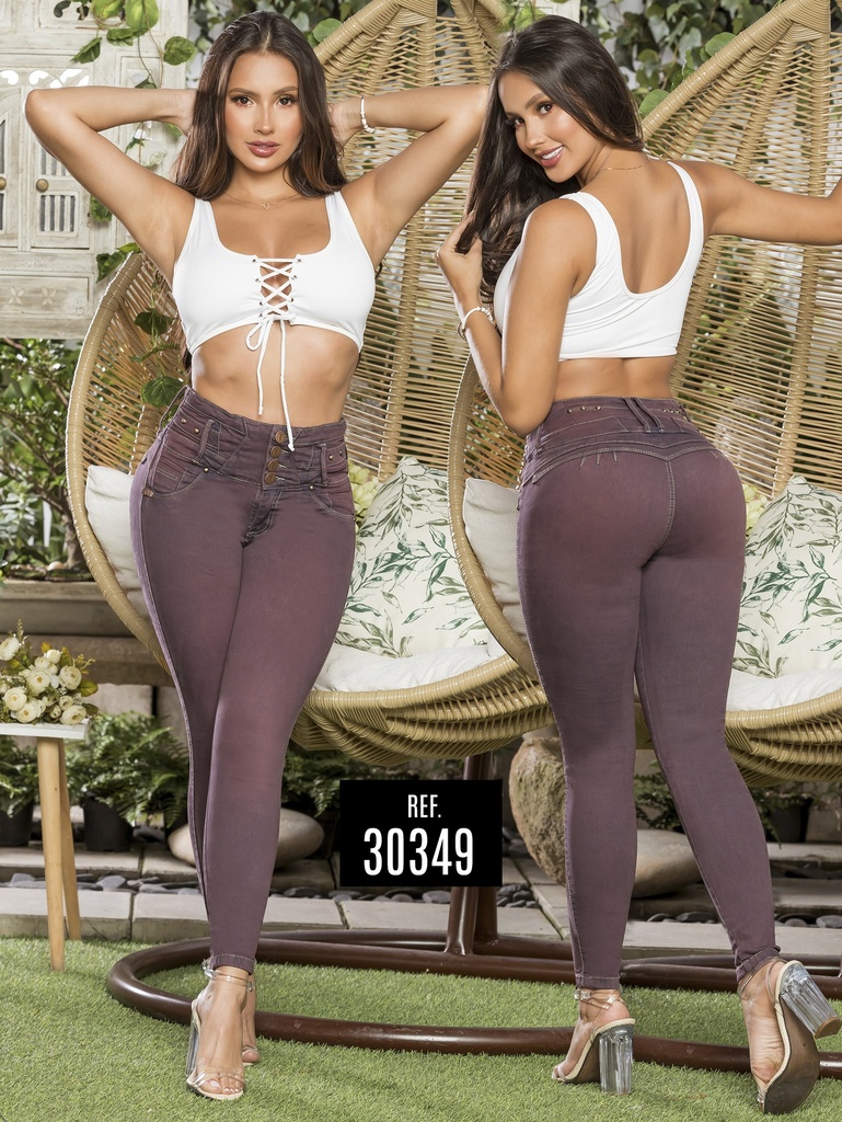 Jeans Levantacola Skinny Morado Berenjena de Tiro Alto
