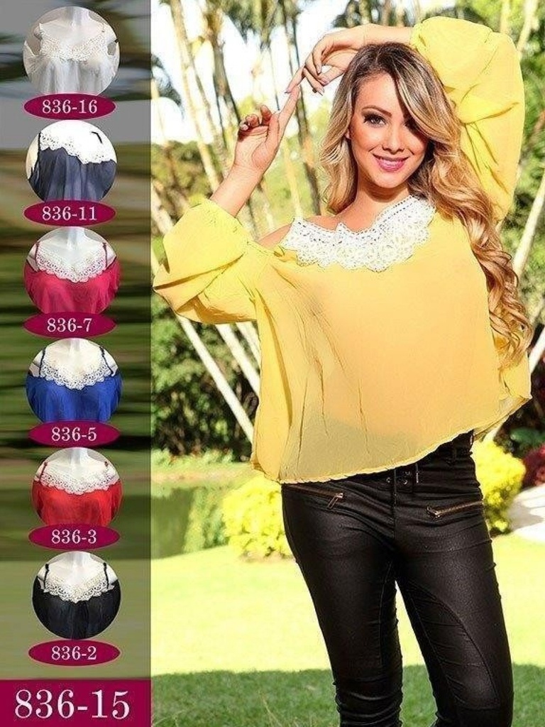 [24083616] Blusa Chiffon con Cuello de Encaje Amarilla para Mujer 836-15