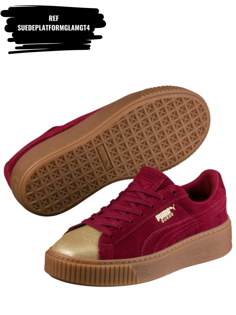 Tenis Plataforma de Gamuza Vinotinto con Punta Dorada para Mujer