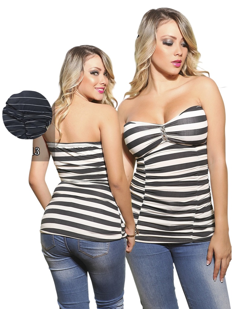 [24011913] Women's Black & White Striped Strapless Crop Top 890