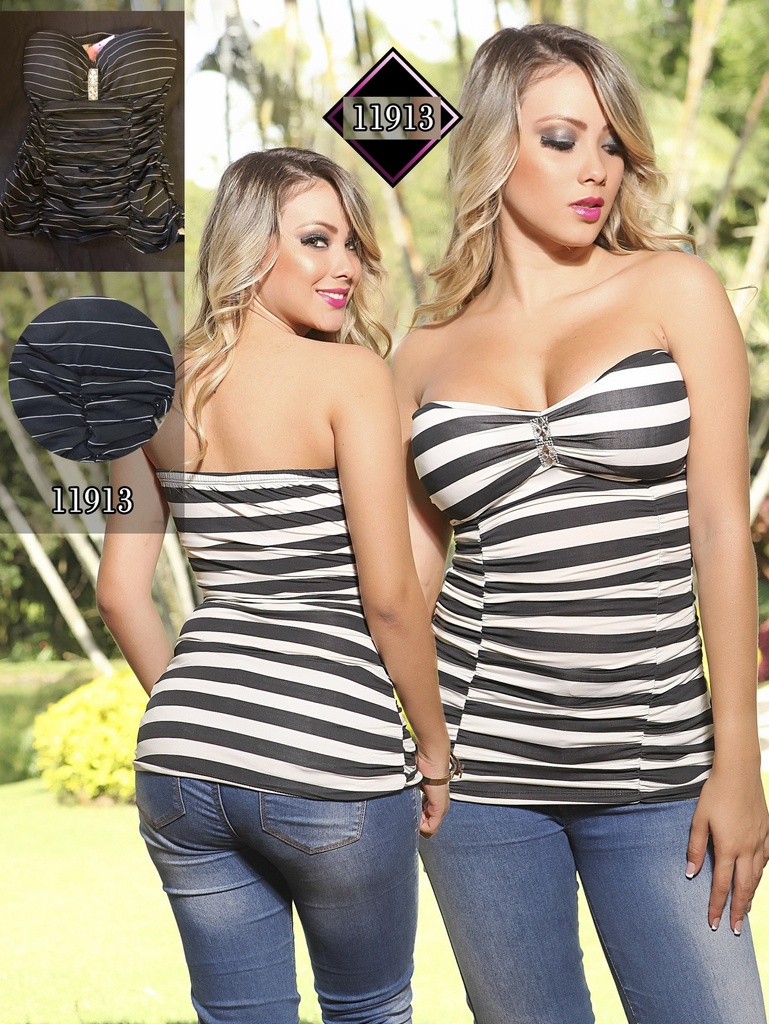 [24011913] Women's Black & White Striped Strapless Crop Top 890
