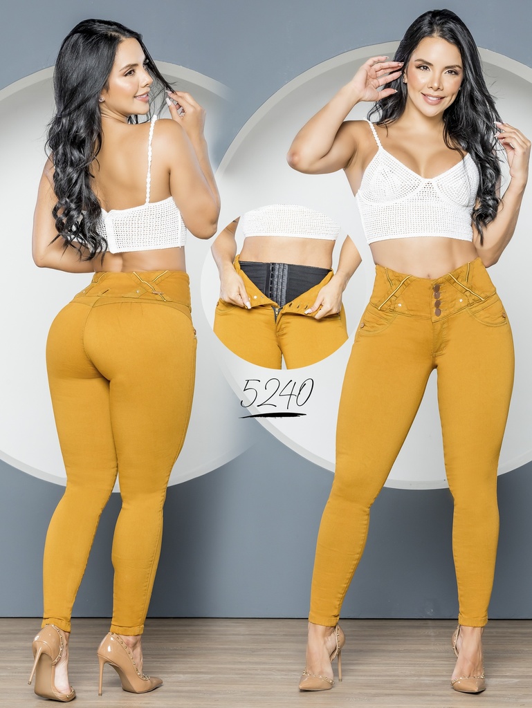 Jeans Levantacola Skinny Amarillo Mostaza con Faja Interna