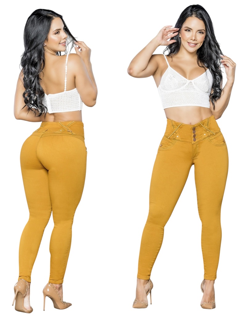 [2675240S01] Women's Mustard Yellow Butt-Lifting Skinny Jeans with Built-In Girdle (1)