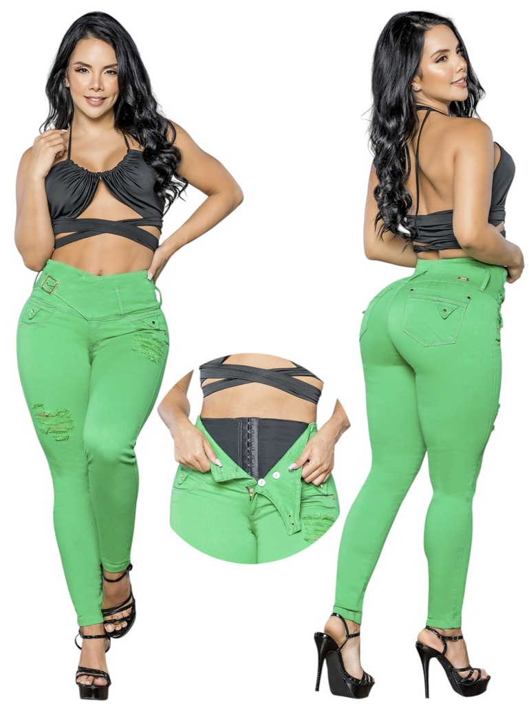 [2675245S01] Jeans Levantacola Skinny Verde Brillante con Faja Interna (1)