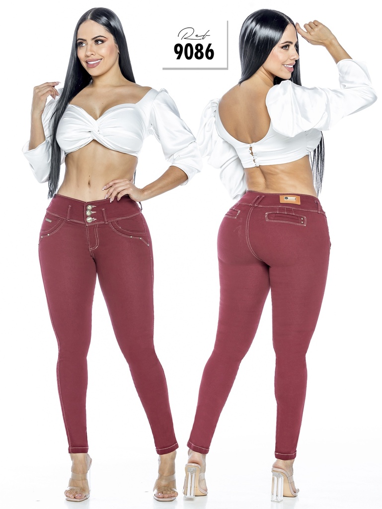 [276908603] Jeans Levantacola Skinny Vinotinto de Tiro Alto con Parche en la Cintura (3)
