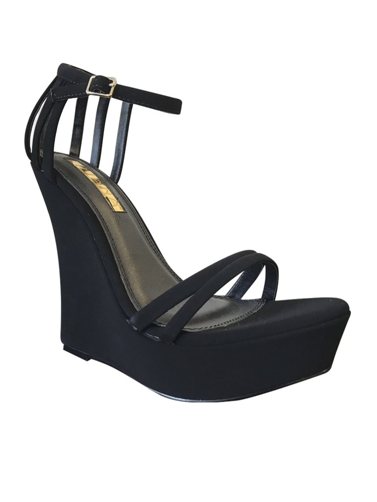 [21003029] Women's Black Strappy Platform Wedges Liliana