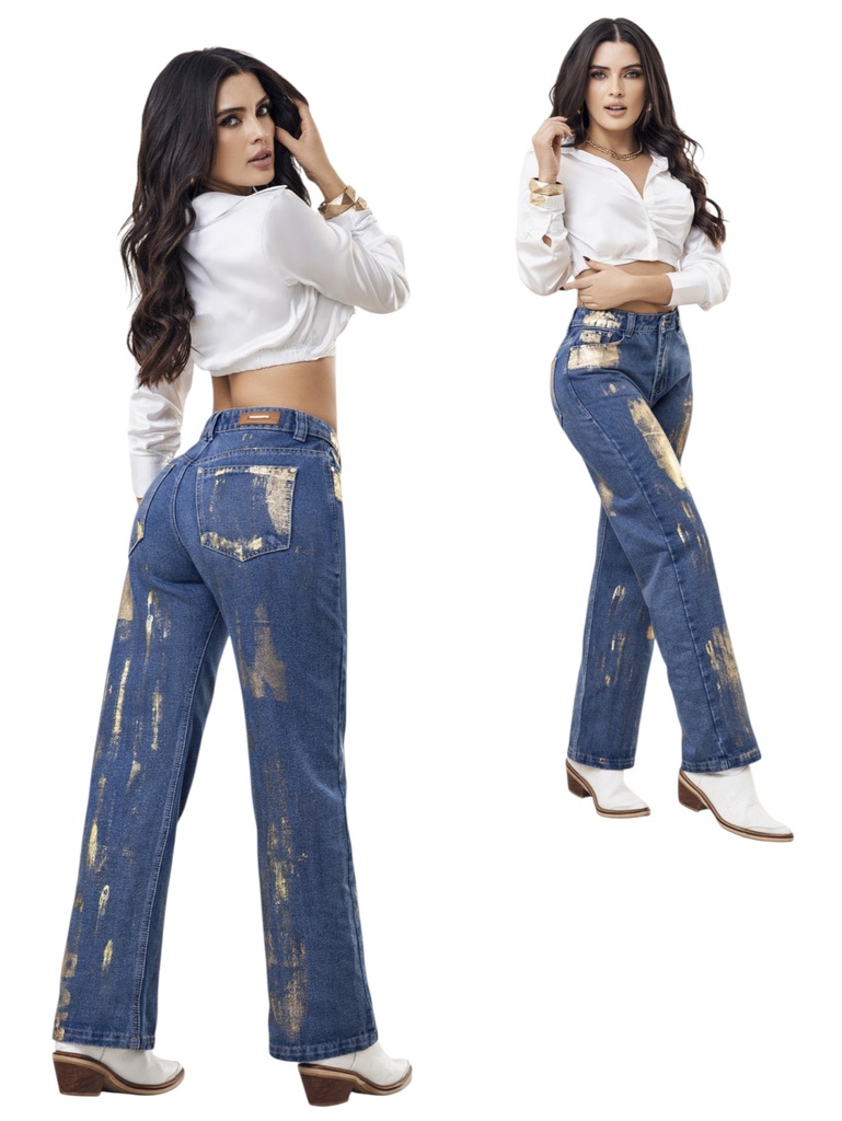 [289ORO07] Women's Medium Wash Straight-Leg Butt-Lifting Jeans with Gold Foil Detail (7)
