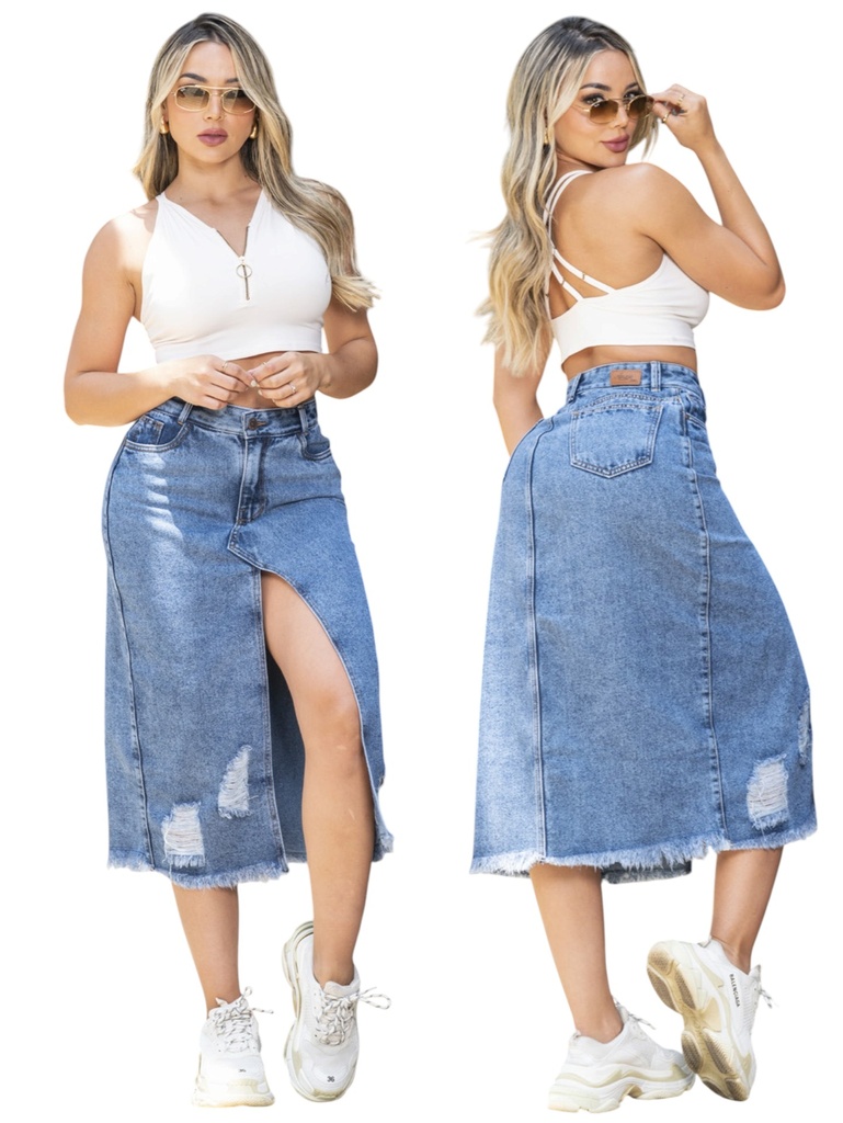 [29075203] Falda Midi Levantacola de Jean Azul Medio Desgastada con Abertura Frontal (3)