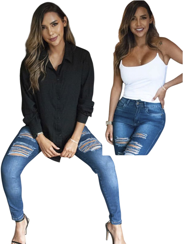 [327135201] Jeans Levantacola Skinny Azul Claro con Rodillas Rasgadas (1)