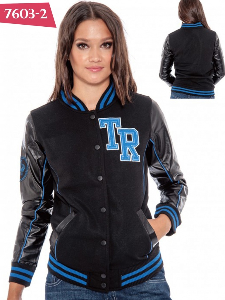 [20076032XXL] Women's Black Varsity Jacket Jacket 7603-2