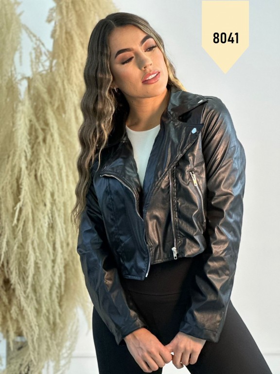 [3508041M] Chaqueta Estilo Moto Cuero Sintético Negro para Mujer 8041 (M)