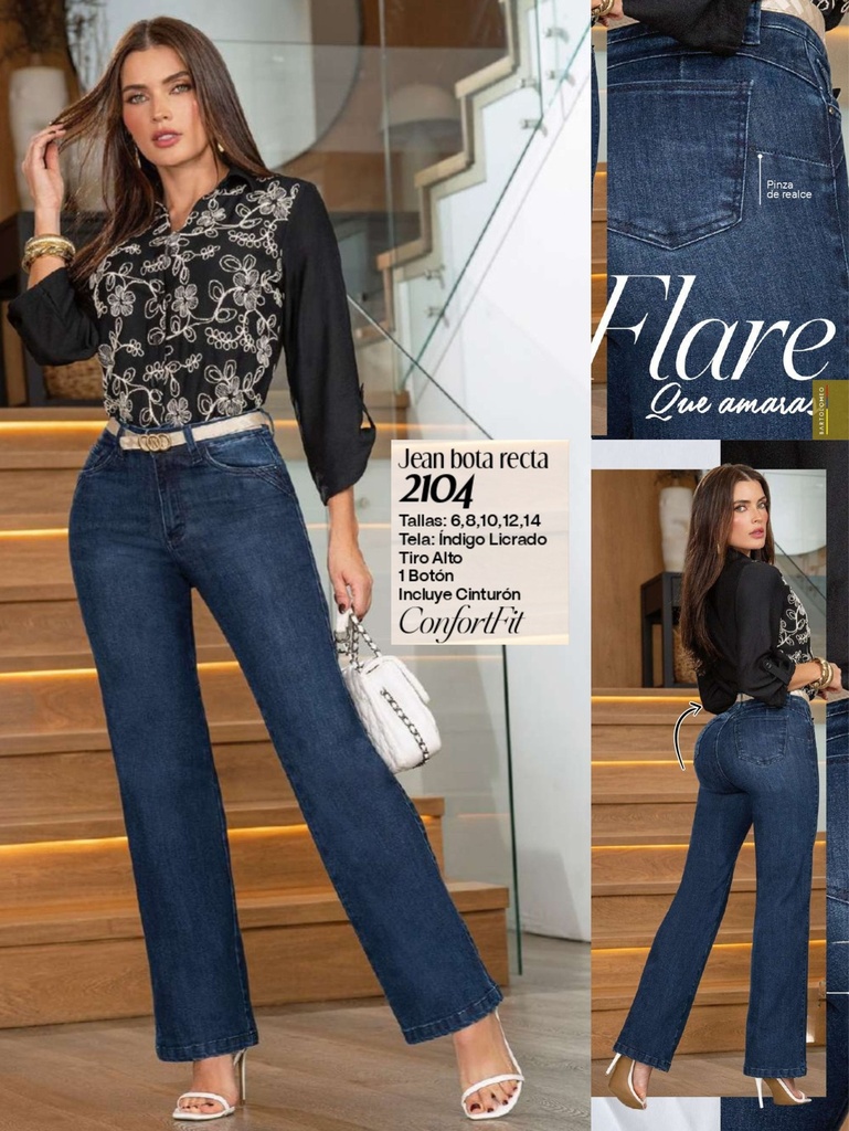 Jeans Flare Tiro Alto Lavado Oscuro para Mujer 2104