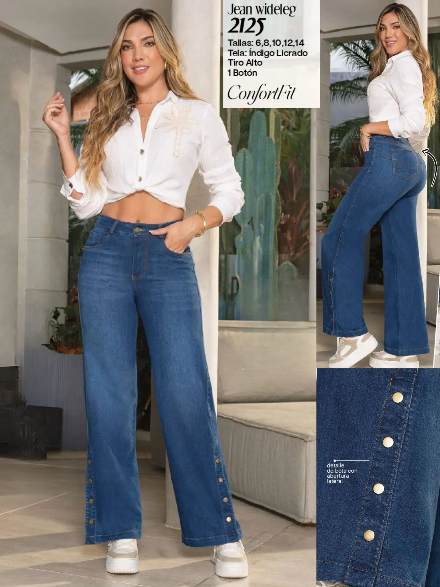 Jeans Recto Pierna Ancha Lavado Medio para Mujer
