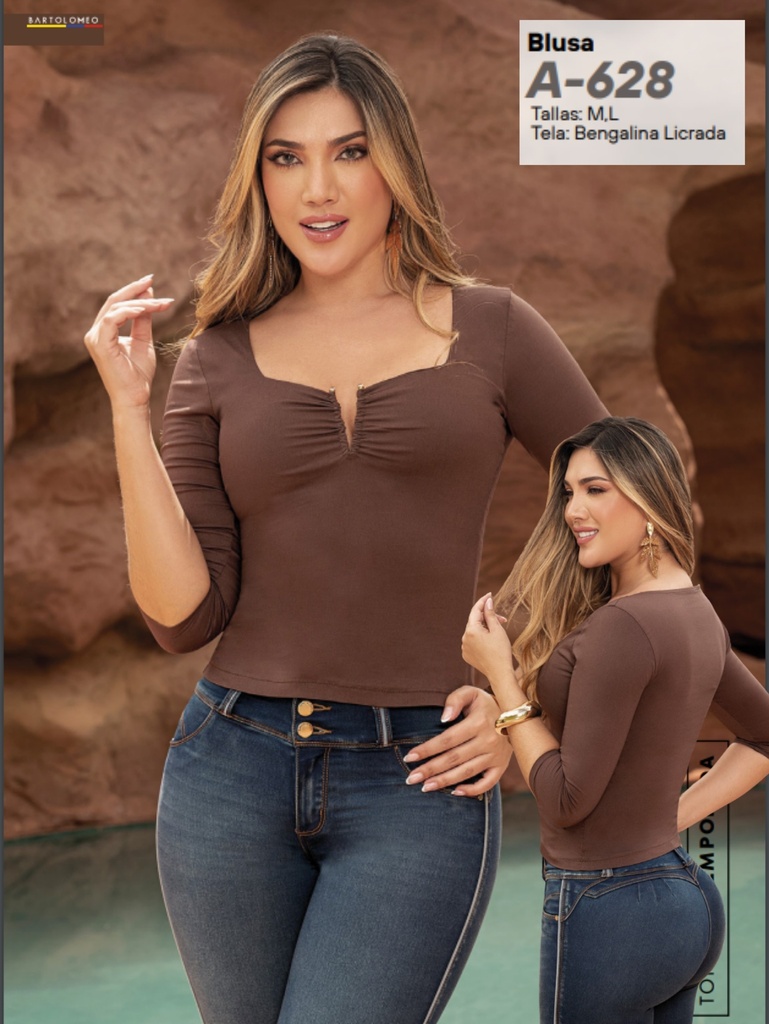 Women's Brown Long-Sleeve Notch-Neck Blouse A-628