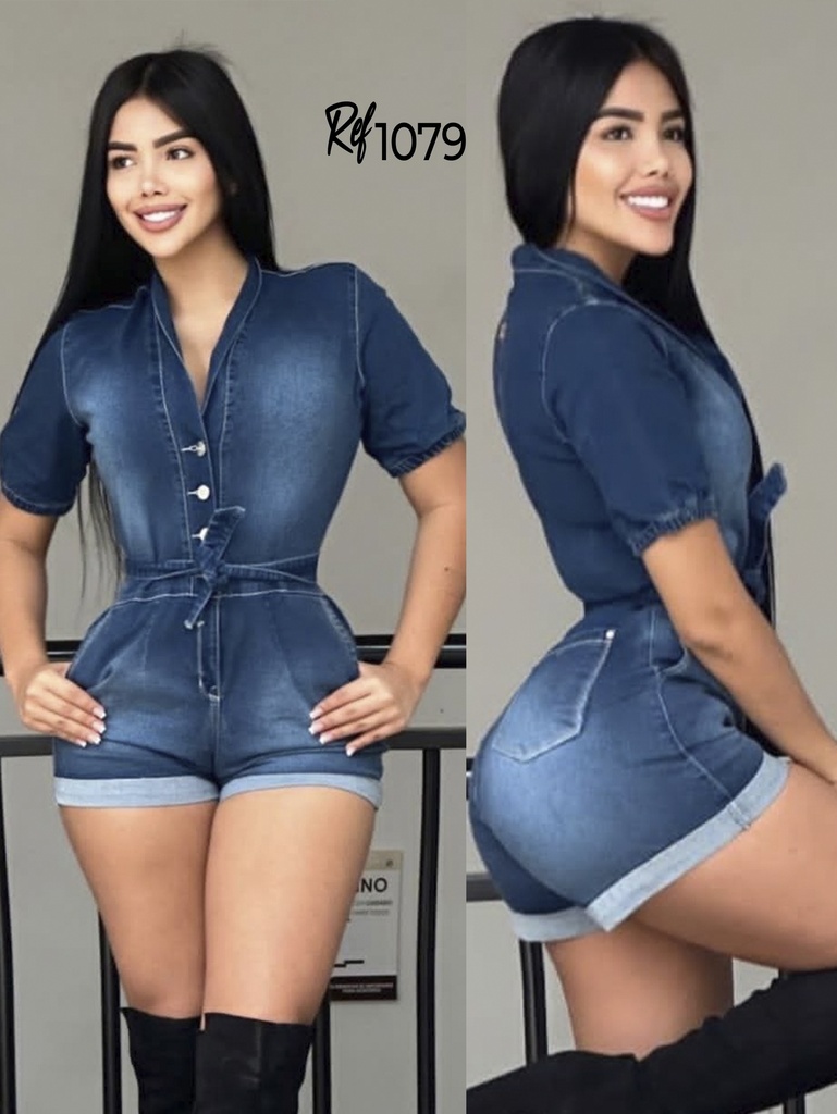 Women's Medium Blue Denim Button-Front Cuffed Romper