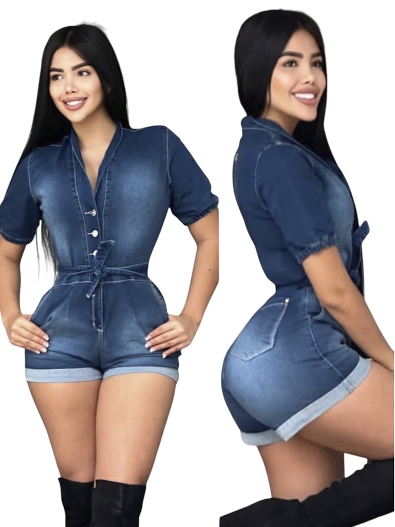 [357107903] Women's Medium Blue Denim Button-Front Cuffed Romper (3)