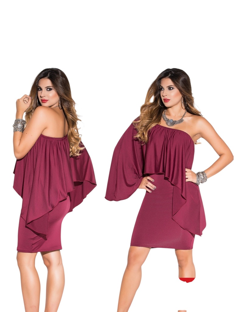 [1112401414] Women's Burgundy Cape Sleeve Off-Shoulder Mini Dress 24614-14