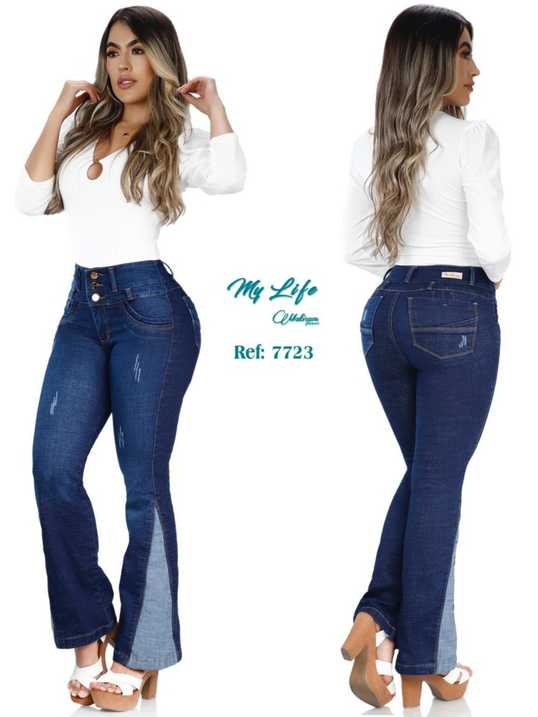 [360772307] Jeans Flare Panel Lateral Levantacola Lavado Oscuro para Mujer 7723 (7)
