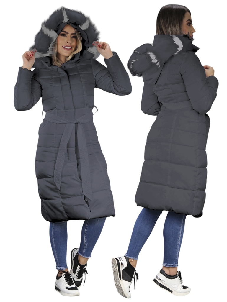 [364266213M] Women's Gray Puffer Jacket – Long Hooded Winter Coat with Faux-Fur Trim – Style 2662-13 (M)