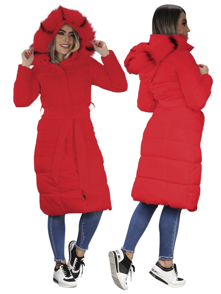 [36426623M] Chaqueta Puffer Larga Roja con Capucha y Pelo Sintético para Mujer – Estilo 2662-3 (M)