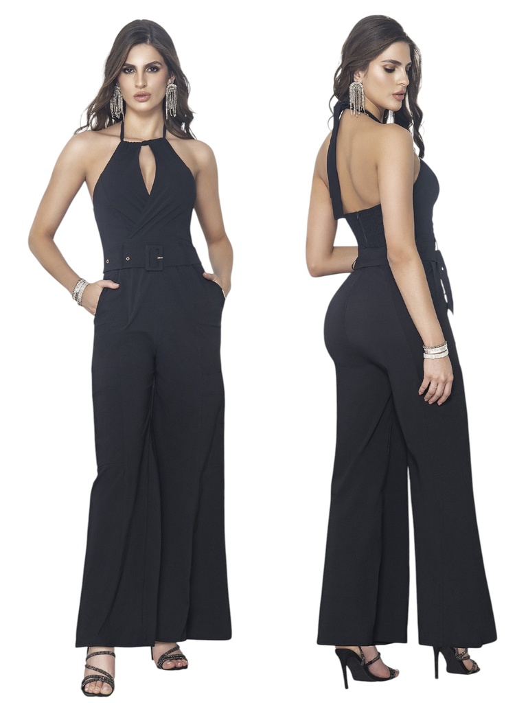 [3741055S] Women's Black Halter Wide-Leg Jumpsuit with Keyhole Neckline (S)