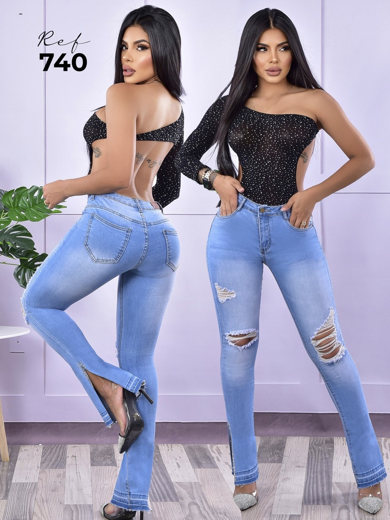 Jeans Levantacola Skinny Azul Claro Rasgados Tiro Alto para Mujer