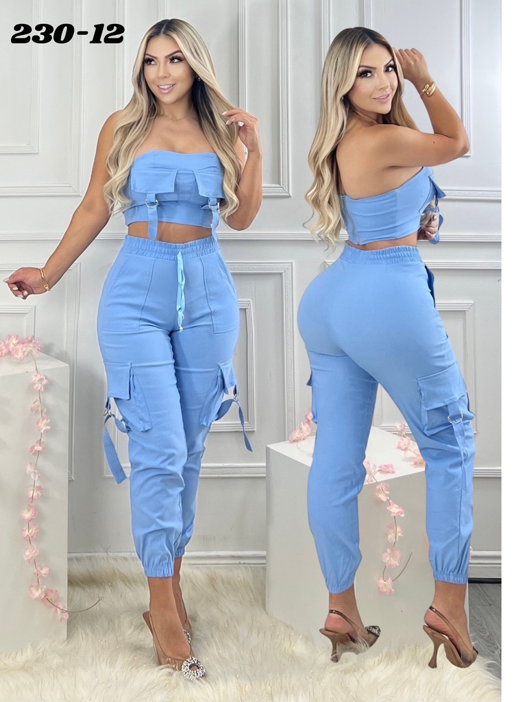 [37723012S/M] Women's Light Blue Bandeau Top & Cargo Jogger Pants Two-Piece Set 230-12 (S/M)