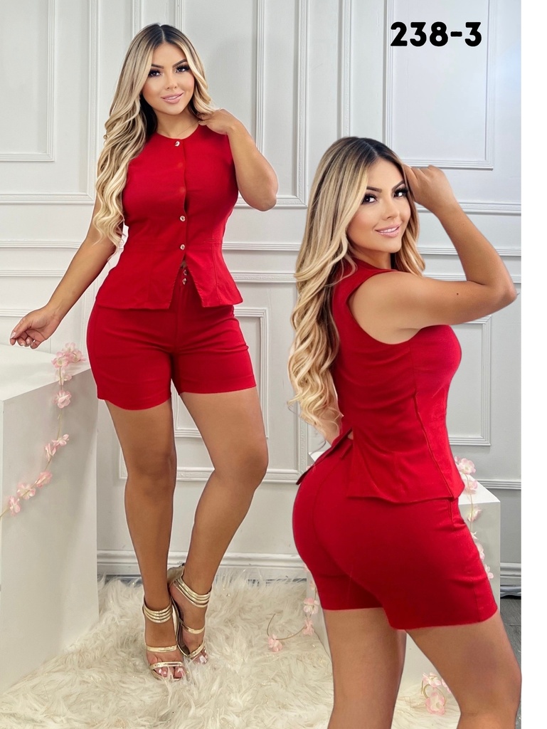 [3772383S/M] Women's Red Button Top & Shorts Two-Piece Set 238-3 (S/M)