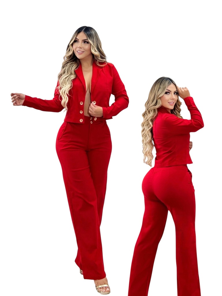 [3772443S] Colombian Two-Piece Pant Set – Cropped Blazer & Flare Pants, Red (S)
