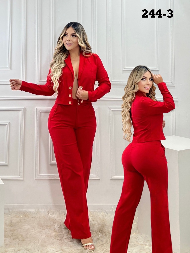 [3772443S] Colombian Two-Piece Pant Set – Cropped Blazer & Flare Pants, Red (S)