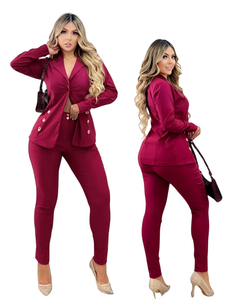 [3772477S] Women's Burgundy Blazer & Pants Two-Piece Set 247-7 (S)