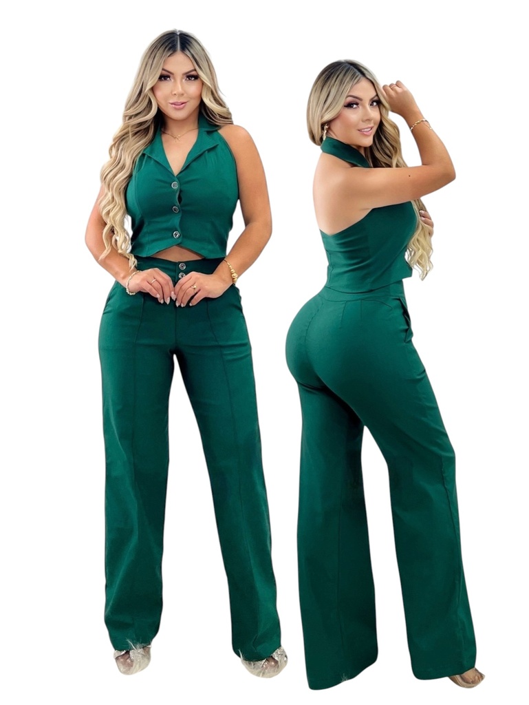 [3772498S] Colombian Two-Piece Halter Vest & Wide Leg Pant Set – Emerald Green (S)