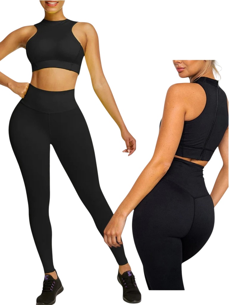 [386190052NM] Women's Black Zip-Neck Crop Top & Leggings Activewear Set 190052-N (M)