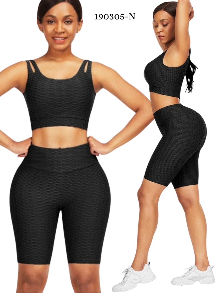 [386190305NS] Women's Black Textured Sports Bra & Biker Shorts Activewear Set 190305-N (S)