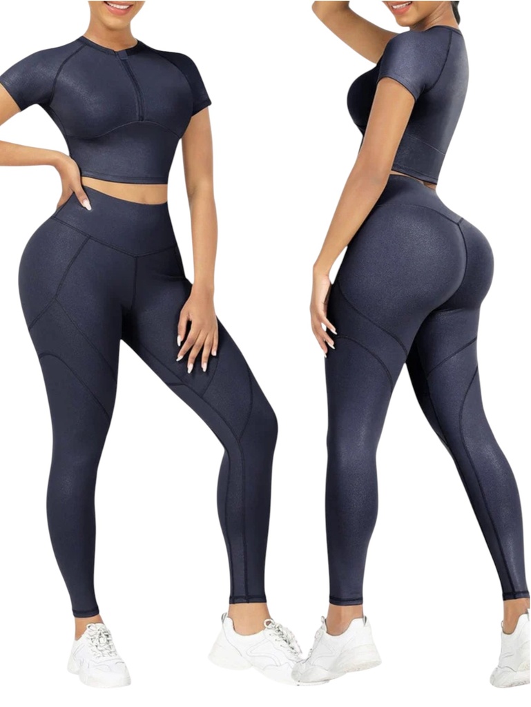 [386210338AS] Women's Dark Blue Short-Sleeve Crop Top & Leggings Activewear Set 210338-A (S)
