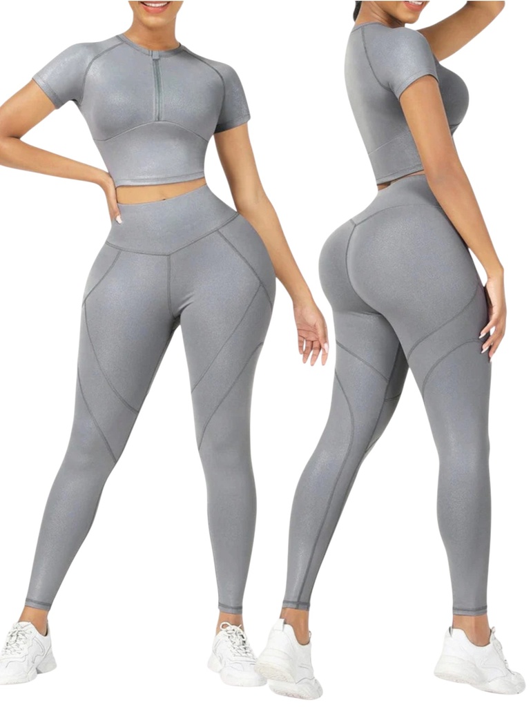 [386210338GS] Women's Gray Zip Crop Top & Leggings Activewear Set 210338-G (S)