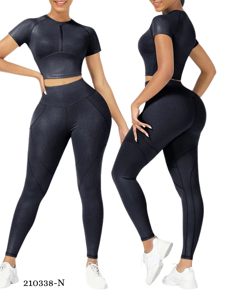 Women's Black Zip Crop Top & Leggings Activewear Set 210338-N