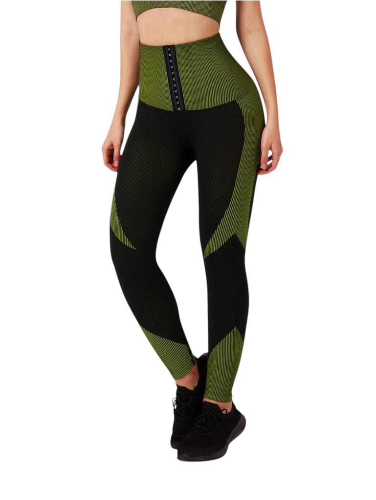 [386210349VS] Leggins Deportivos Negro y Verde Oliva de Tiro Alto con Bloques de Color (S)